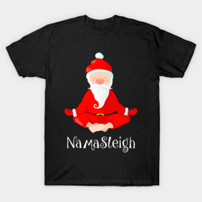 Black t-shirt with meditating Santa design and "Namastleigh" text, perfect for holiday yoga enthusiasts.