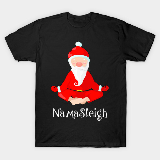 Black t-shirt with meditating Santa design and "Namastleigh" text, perfect for holiday yoga enthusiasts.