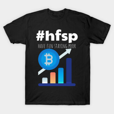 Black t-shirt with "#hfsp" Bitcoin graphic and colorful bar chart, casual style, cotton material.