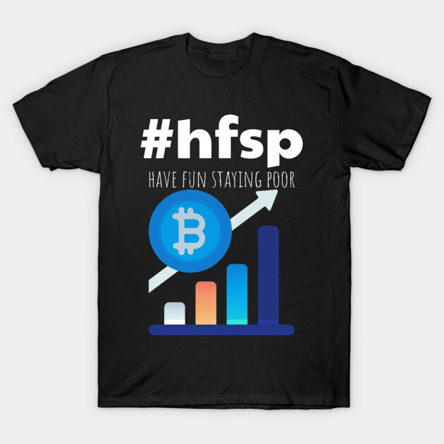 Black t-shirt with "#hfsp" Bitcoin graphic and colorful bar chart, casual style, cotton material.