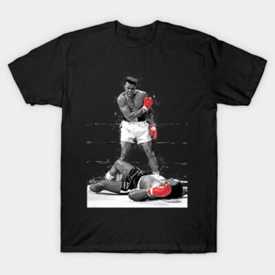 Black t-shirt featuring a graphic of a boxing match with red glove accents, cotton material, casual wear.