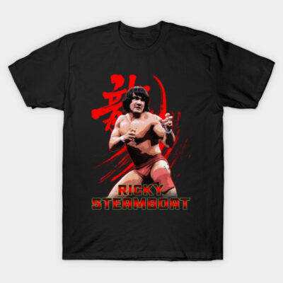 Black graphic t-shirt featuring bold red design and text, perfect for casual wear or fans of classic wrestling themes.