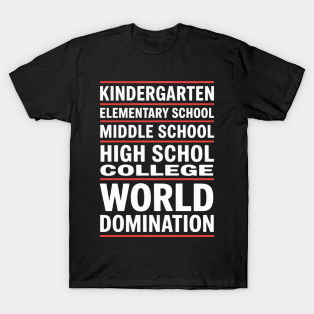 Black novelty t-shirt with bold white text design, featuring educational stages and humorous progression theme.