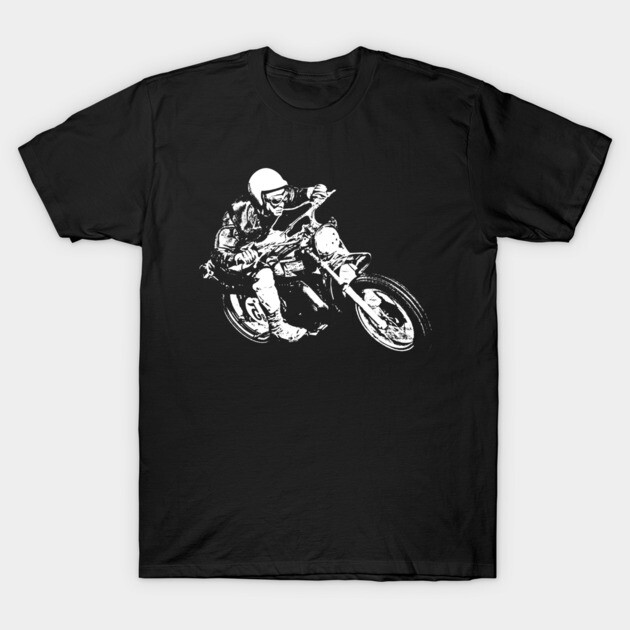 Black t-shirt with white motorcycle racer graphic, casual style, cotton material, ideal for motorsport enthusiasts.