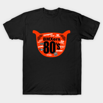 Black T-shirt with retro BMX 80s graphic, red and white design, casual style, cotton material, unisex fit.