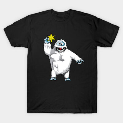 Black t-shirt with cartoon yeti design holding a yellow star, casual wear, cotton material.