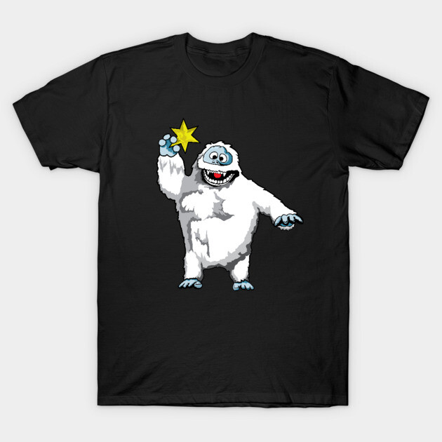 Black t-shirt with cartoon yeti design holding a yellow star, casual wear, cotton material.