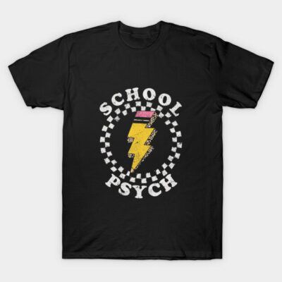 Black T-shirt with "School Psych" text and yellow pencil lightning bolt design, casual wear, soft cotton material.