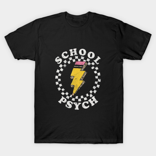Black T-shirt with "School Psych" text and yellow pencil lightning bolt design, casual wear, soft cotton material.