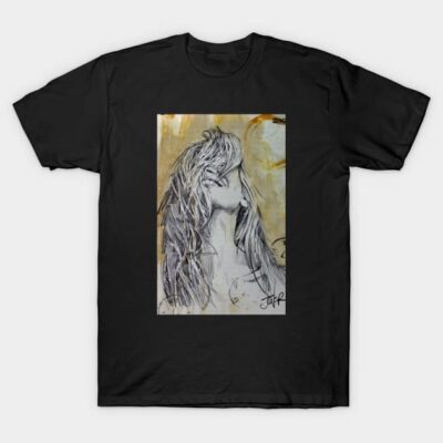Black t-shirt with abstract art design, featuring sketched figure on a textured background, casual wear, cotton material.