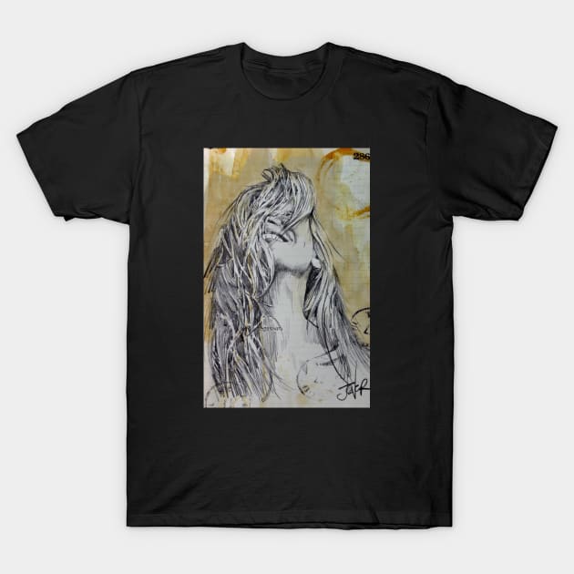 Black t-shirt with abstract art design, featuring sketched figure on a textured background, casual wear, cotton material.