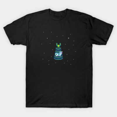 Black T-shirt with pixel art UFO design, cotton material, casual style, suitable for everyday wear.
