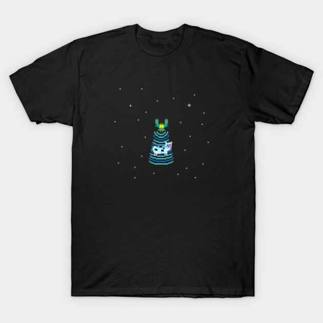 Black T-shirt with pixel art UFO design, cotton material, casual style, suitable for everyday wear.