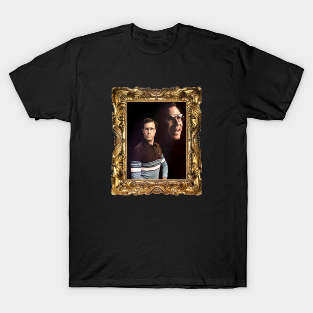 Black t-shirt with vintage-style framed graphic design, featuring a retro-inspired portrait, casual wear.