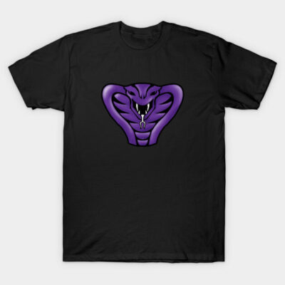 Black t-shirt with purple snake graphic design, casual wear, cotton material, unisex style.