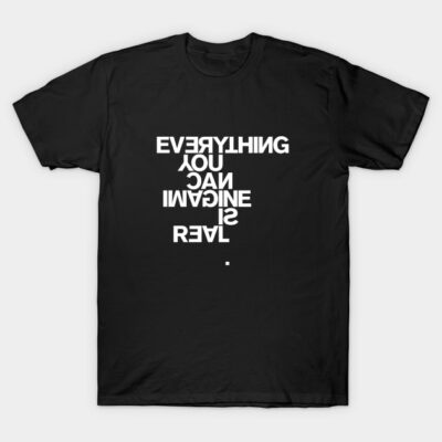 Black t-shirt with bold white text reading "Everything You Can Imagine Is Real" in a modern, playful font.