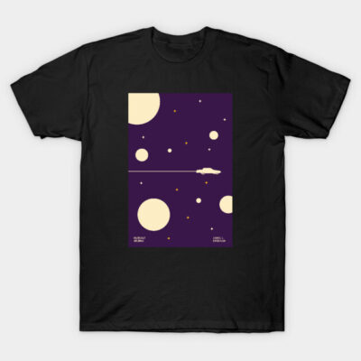 Black t-shirt with purple space-themed graphic, featuring planets and stars, made of soft cotton for casual wear.