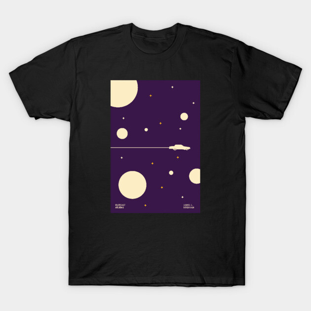 Black t-shirt with purple space-themed graphic, featuring planets and stars, made of soft cotton for casual wear.