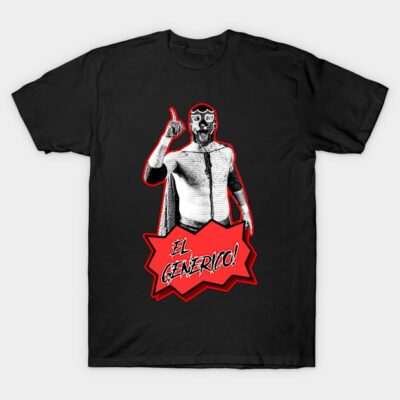 Black graphic t-shirt featuring a masked wrestler design with red accents, perfect for casual wear.