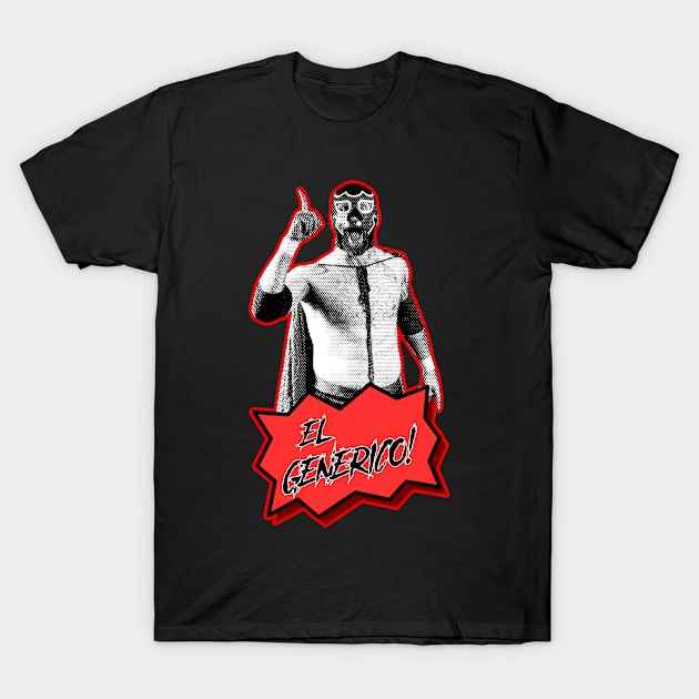 Black graphic t-shirt featuring a masked wrestler design with red accents, perfect for casual wear.