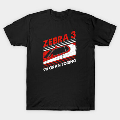 Black graphic T-shirt with retro-style car print, "Zebra 3 '76 Gran Torino" text, casual wear, cotton material.