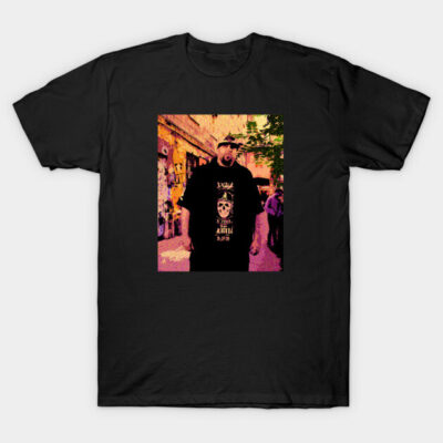 Black graphic t-shirt featuring a vibrant street art design, perfect for casual wear, made from 100% cotton.