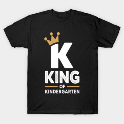 Black "King of Kindergarten" T-shirt with crown graphic, cotton material, casual style for kids.