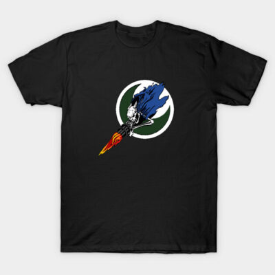 Black t-shirt with a colorful graphic of a flaming rocket and skull. Casual style, cotton material.