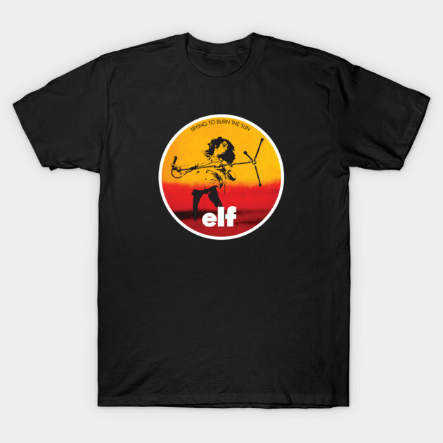 Black unisex t-shirt with vintage-style elf graphic, featuring red and yellow design, perfect for casual wear.
