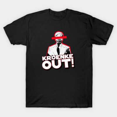 Black graphic T-shirt with bold "Kroenke Out" text and red accents; casual, 100% cotton, ideal for everyday wear.