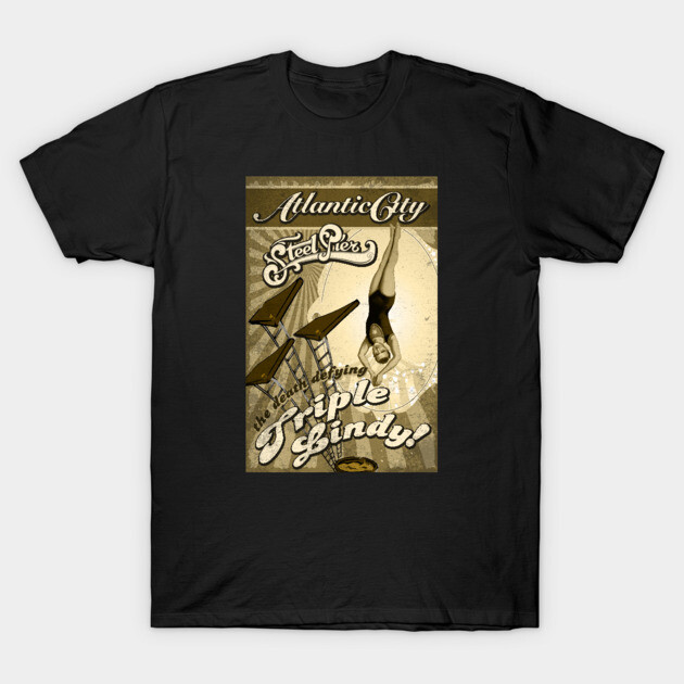 Black vintage-style t-shirt featuring a retro diving graphic with "Triple Lindy" text, perfect for casual wear.