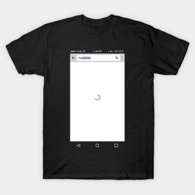 Black T-shirt with humorous "happiness loading" design, casual style, made from soft cotton, perfect for everyday wear.