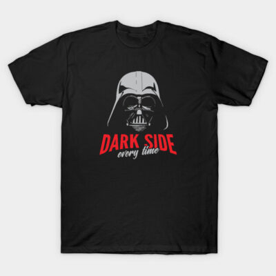 Black graphic T-shirt featuring helmet design with "Dark Side Every Time" text, perfect for casual wear.