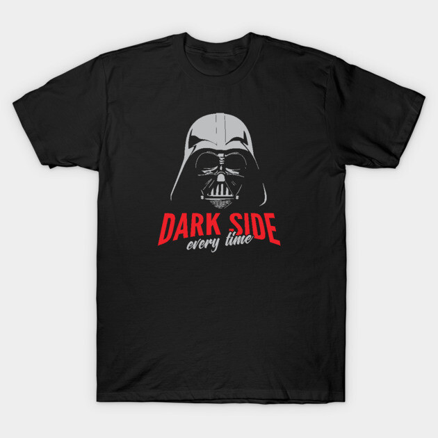 Black graphic T-shirt featuring helmet design with "Dark Side Every Time" text, perfect for casual wear.