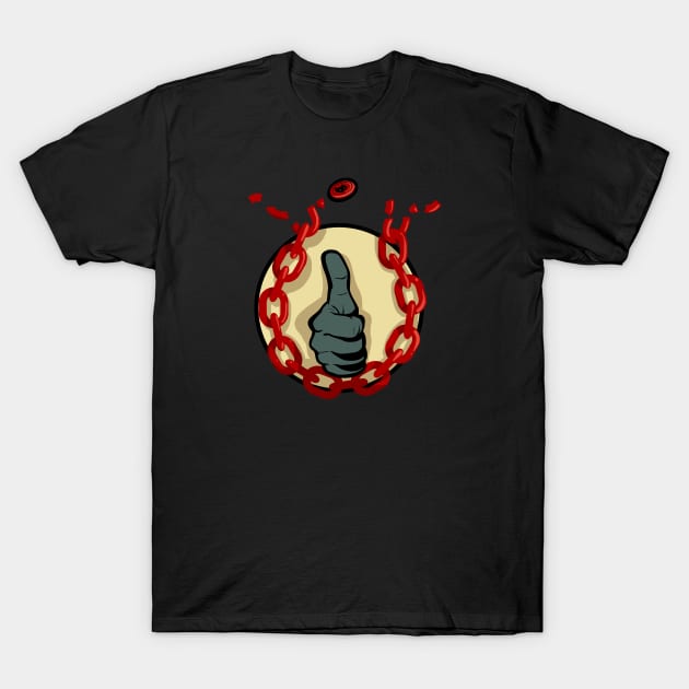 Black t-shirt with graphic design featuring a thumbs-up and red chain. Casual wear, cotton material.