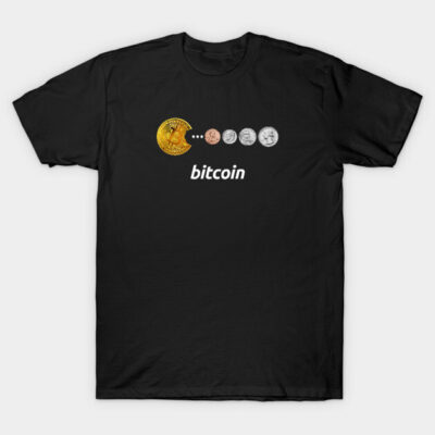 Black Bitcoin-themed t-shirt with digital currency design, suitable for casual wear, cotton material.