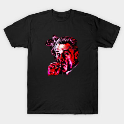 Black t-shirt with vibrant red and pink abstract face design, ideal for casual wear, made of 100% cotton.