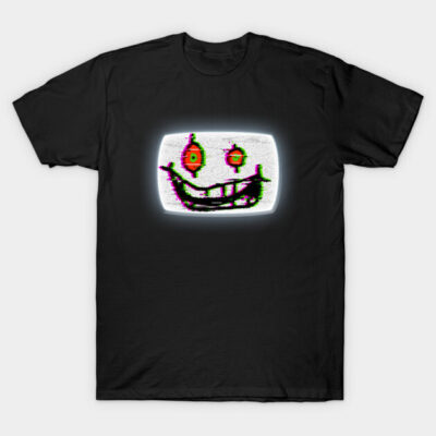 Black t-shirt with glitch art smiley face design, casual streetwear, soft cotton fabric, ideal for everyday wear.