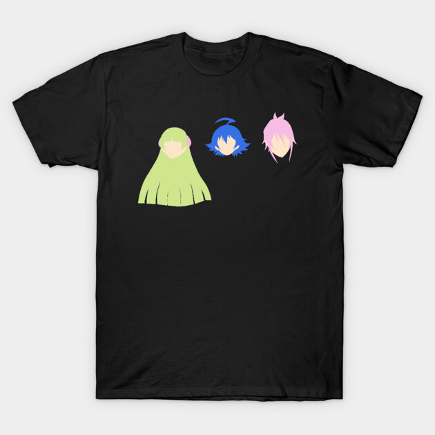Black graphic t-shirt with minimalist colorful character designs, casual wear, soft cotton material.