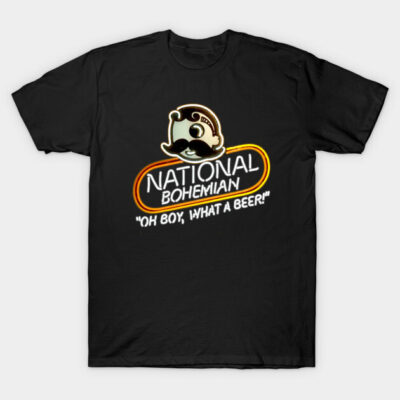 Black "National Bohemian" graphic tee, retro design, cotton material, casual wear, beer-themed slogan.