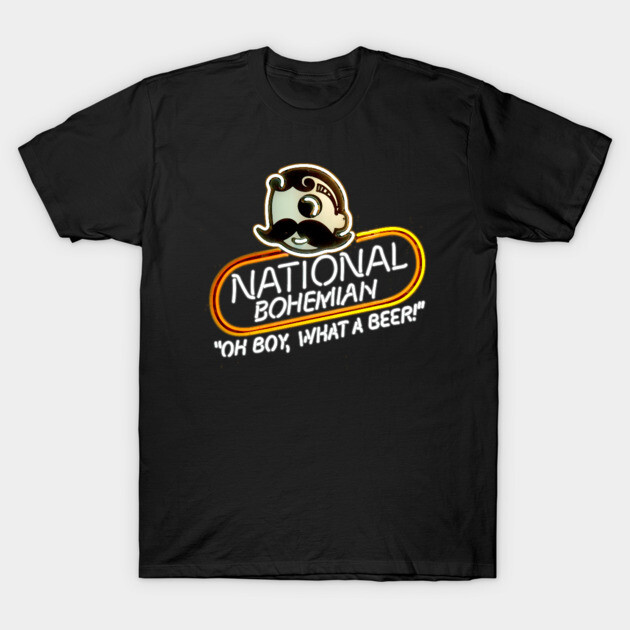 Black "National Bohemian" graphic tee, retro design, cotton material, casual wear, beer-themed slogan.