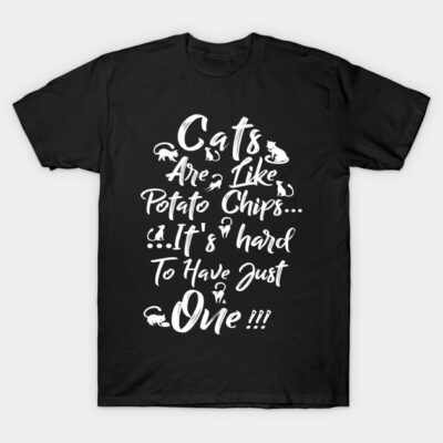 Black t-shirt with playful white text and cat illustrations, perfect for casual wear and cat lovers. Durable cotton material.