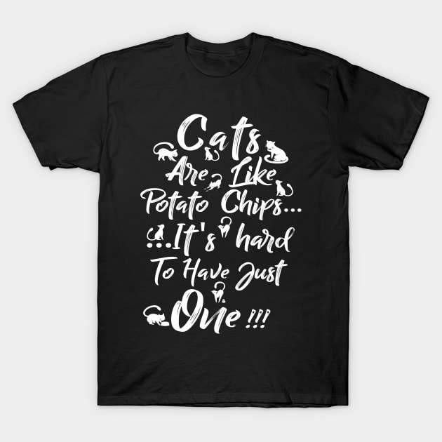 Black t-shirt with playful white text and cat illustrations, perfect for casual wear and cat lovers. Durable cotton material.