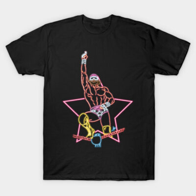 Black T-shirt with neon wrestler design, featuring pink and yellow highlights, perfect for casual wear.