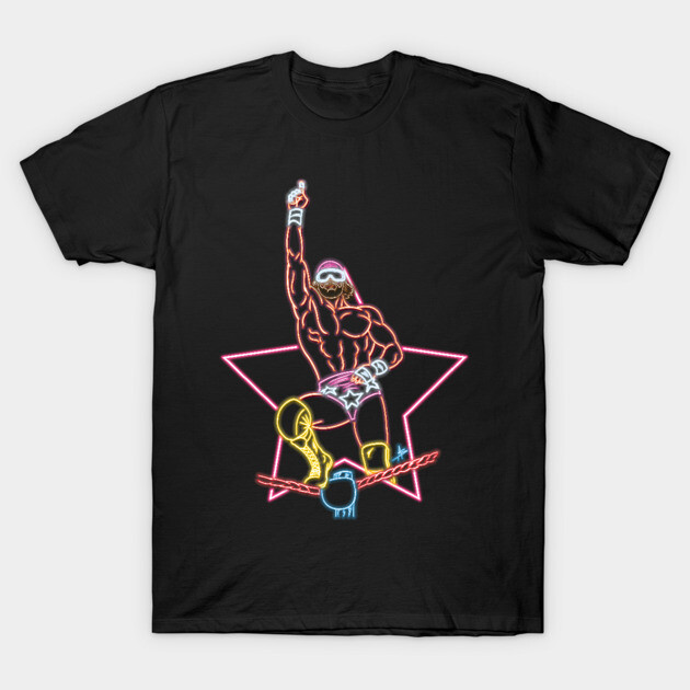 Black T-shirt with neon wrestler design, featuring pink and yellow highlights, perfect for casual wear.