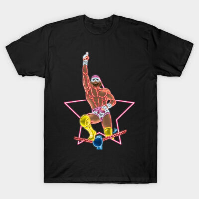 Black t-shirt featuring neon-style wrestler graphic with colorful star design, ideal for casual wear and wrestling fans.