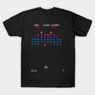 Black retro arcade game graphic t-shirt, classic gamer style, perfect for casual wear, made from soft cotton blend.