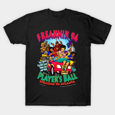 Black graphic t-shirt, "Freaknik '94 Player's Ball" design, colorful cartoon style, casual wear, cotton fabric.