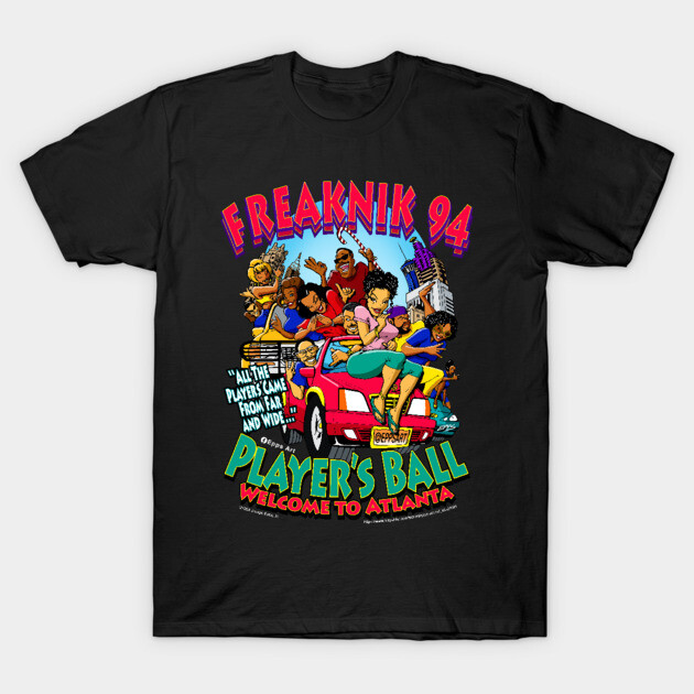 Black graphic t-shirt, "Freaknik '94 Player's Ball" design, colorful cartoon style, casual wear, cotton fabric.
