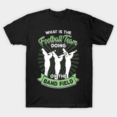 Black t-shirt with marching band graphic and playful text. Cotton material, perfect for music enthusiasts or casual wear.